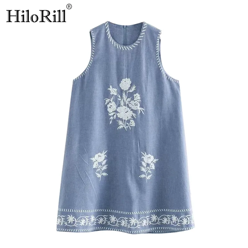 Women O Neck Embroidery Mini Dress Summer Sleeveless Loose Vintage Female Elegant Ladies Short es 210508