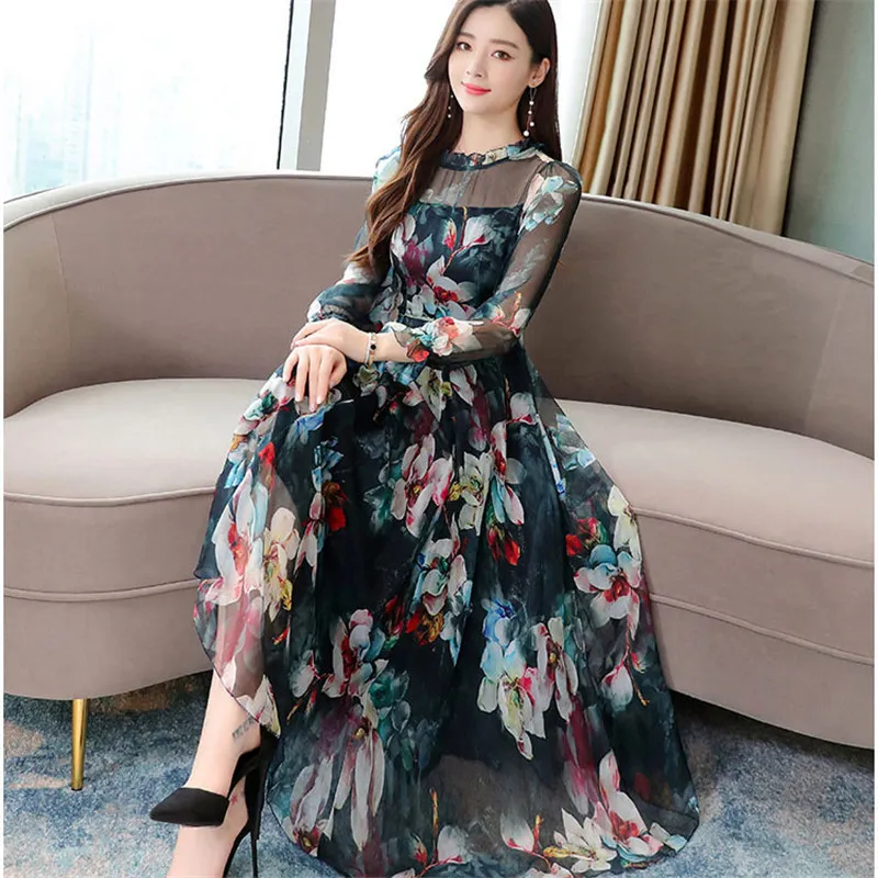 Korean Floral Chiffon Maxi Dress With Long Sleeves Vintage O Neck