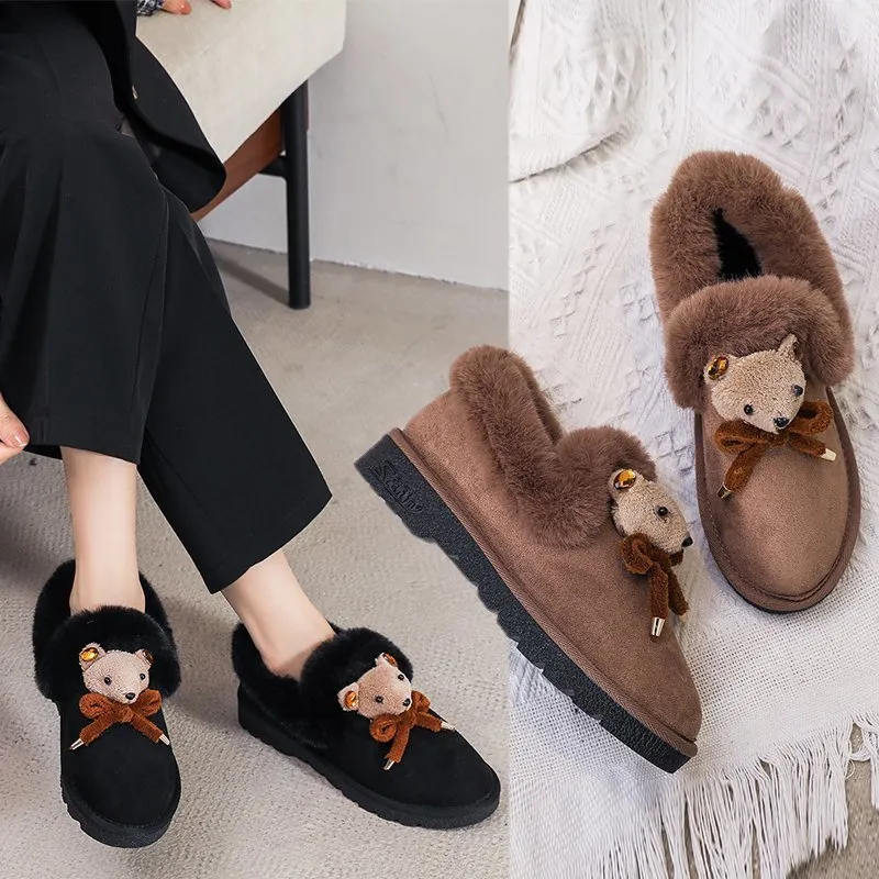 Winter Warm Fur Women Shoes Woman Flats Loafers Plush Slip On Fox Bow Knot Round Toe Moccasins Footwear Casual Shoes Plus Size C0410