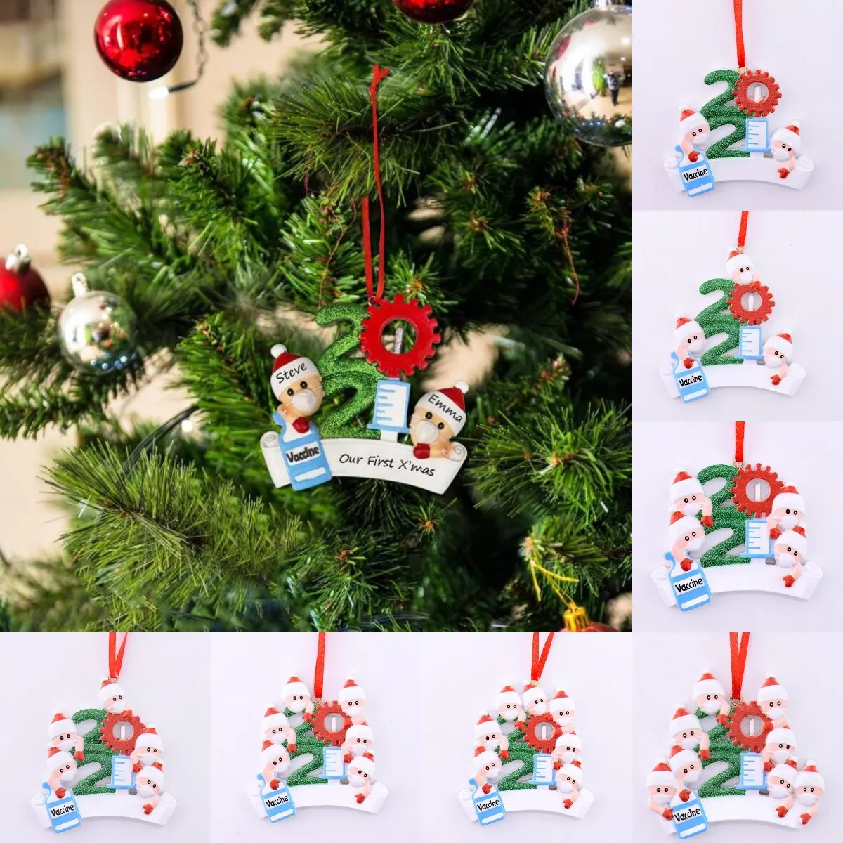 Hot New 2021 Juldekoration Karantän Ornaments Familj av 1-9 Heads DIY Tree Pendant Tillbehör med rött repharts