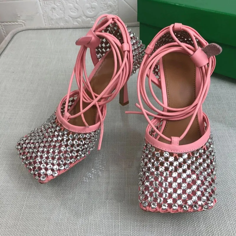 Crystal Green Women Fishnet Pumps Sandals Runway Square Toe Ankle Cross Tied High Heel Rhinestone Sandals Shoes