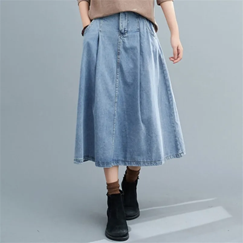 Herfst arts stijl vrouwen hoge taille katoen denim rokken all-matched casual vintage A-lijn lange rok plus size M647 210512