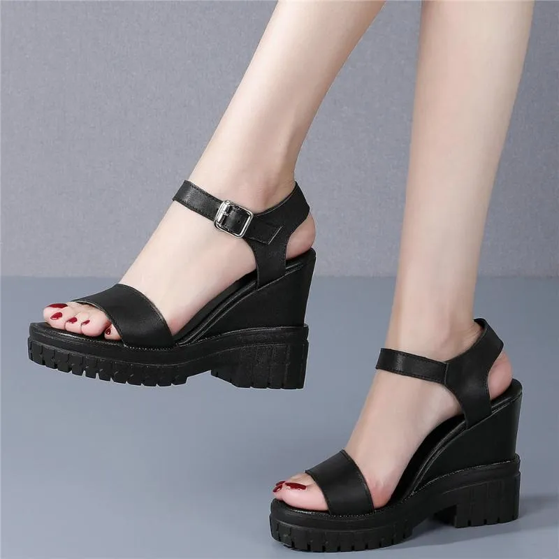 Aberto do dedo do pé Mary Janes Women Women Genuine Leather High Heel Gladiator Sandals Summer Summer Platform Sapatos Casual US3-9