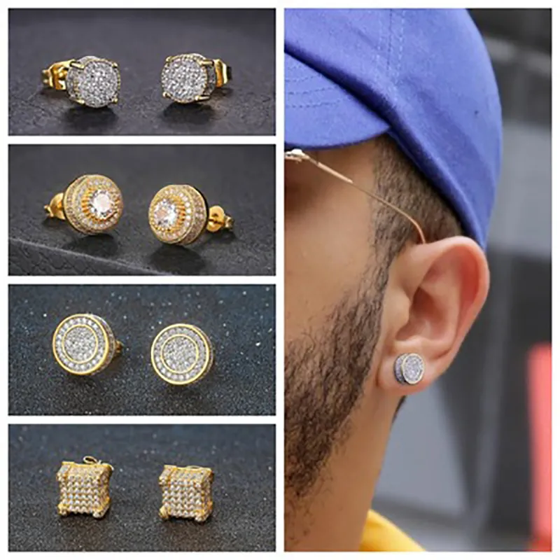 Brincos masculinos Hip Hop Iced Out Bling CZ Stud Geométrico Quadrado Redondo Cor Dourada Micro Pave Cubic Zircon Studs Brinco para Homens Mulheres Moda Jóias de Orelha