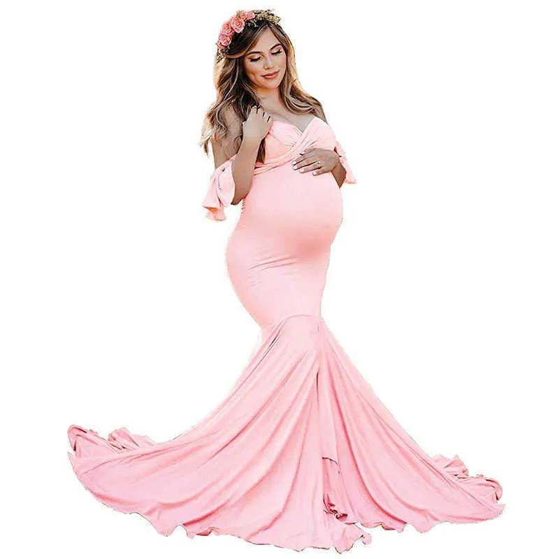 2021 Elegant Ruffle Pregnancy Dress Cotton Long Maxi Maternity Dresses for Photo Shoot Women Sexy Pregnant Dress Photography Q0713