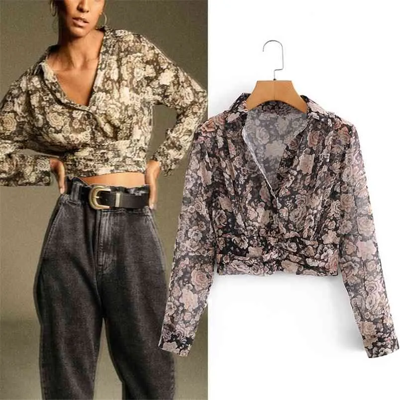 Metallic Thread Gedrukt Crop Top Vrouwen Vintage V-hals Lange Mouw Chiffon Blouse Geplooid Elastische Hem Dames Casual Tops 210519