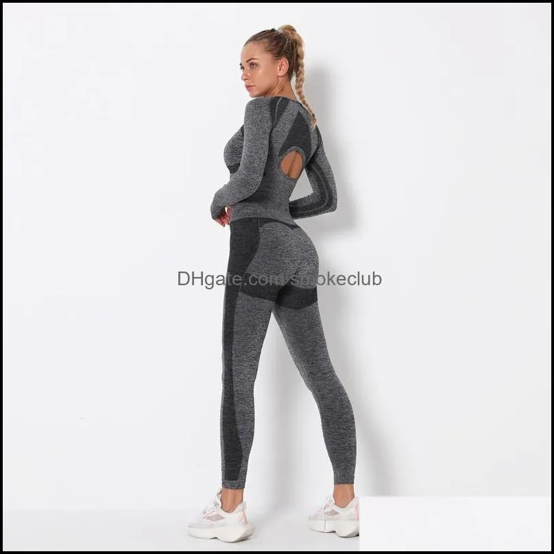 Yoga Outfits Women Seamless Set Gym Clothing Fitness Leggings Cropped Shirts Sport Suit Long Sleeve Tracksuit Active Wear #2002