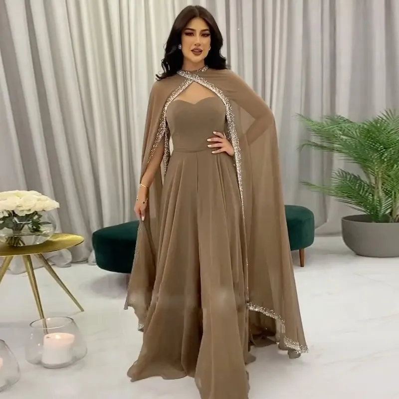 Arabic Moroccan Kaftan Chiffon Evening Gowns with Cape and Long Sleeves - Crystal Embellished Muslim Formal Gown for Women's Party in Dubai Brown