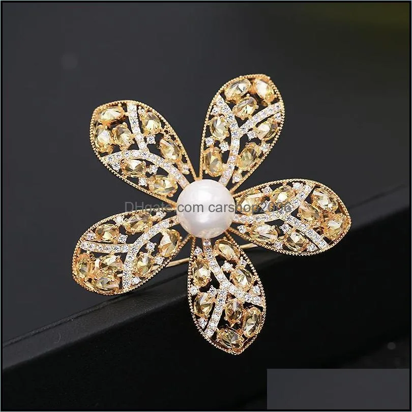 Pins, Brooches SWOUR Fashion Jewelry Zirconia Colorful Crystal Five Leaf Flower Pearl Apparel Party Brooch Pin Collar Top QualityFemme