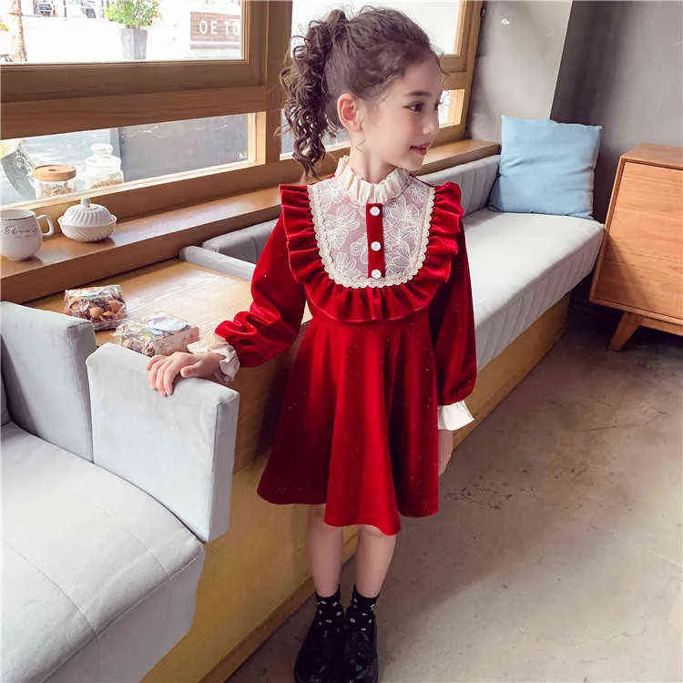 Hot Red Christmas Dress for Girls Performance Party Birthday Clothes Winter Autumn Children Velvet kids Girls Dress Warm Clothes G1218