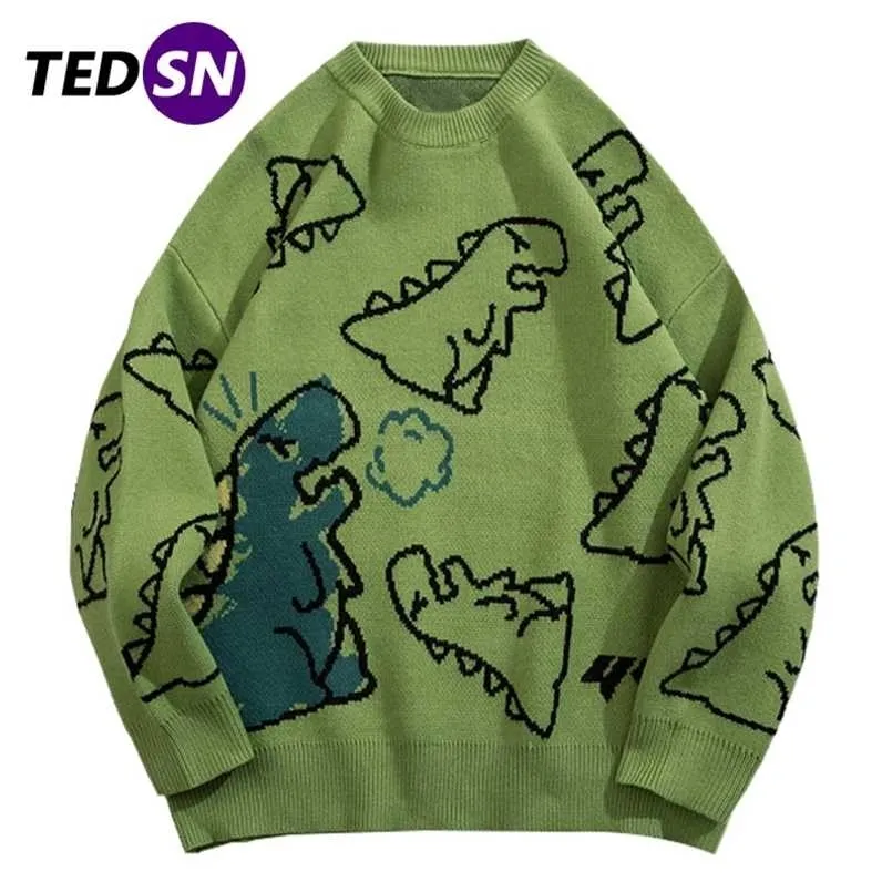 Spring Casual Topps Green Harajuku Stickad tröja Män Pullover Streetwear Cartoon Dinosaur Graphic Sweater Man Kläder 211008