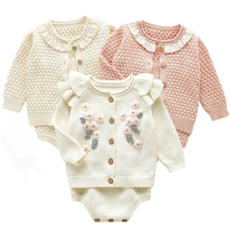 Kinder Clohting Herbst Stickerei Blumen Set Mode Baby Mädchen Kleidung Langarm Strickjacke + Strampler Sets 210417