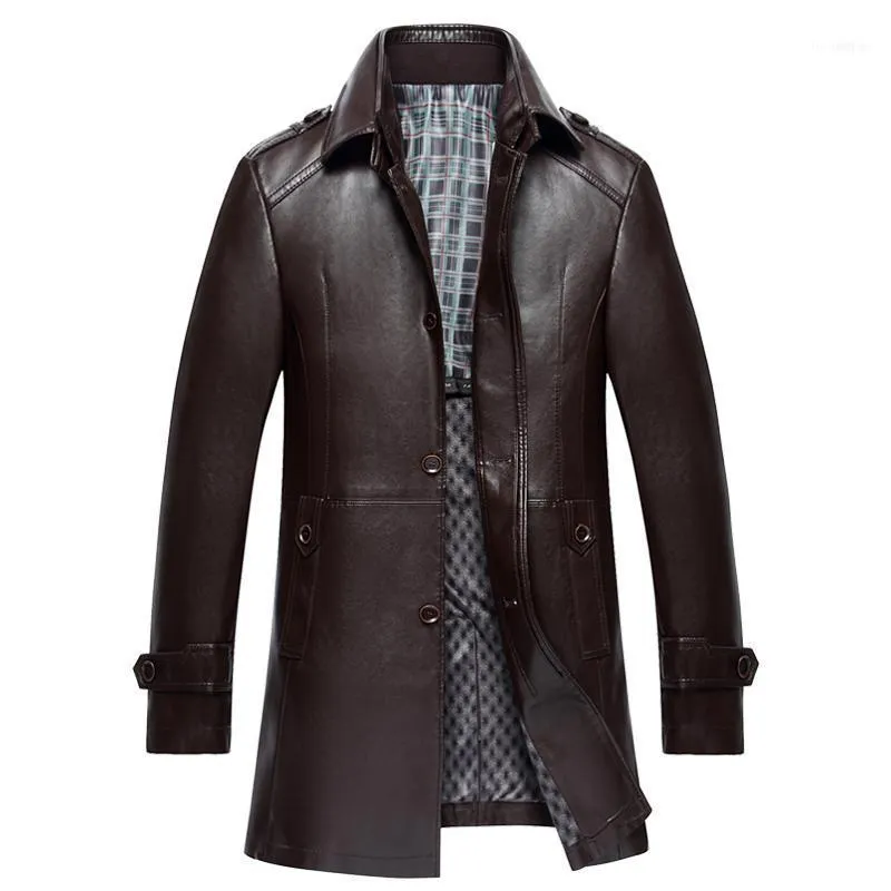 Мужские куртки осень и зимняя кожаная куртка стенд воротник мужская длинная ветровка черный / коричневый мотоцикл мужчины, M-4XL