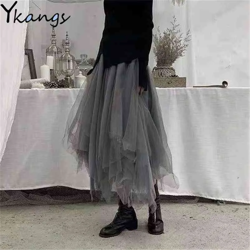 Gothic Gray Tulle Long Oregelbundna pläterade kjolar Elastisk hög midja A-Line Mesh Midi Vintage Punk Streetwear 210421