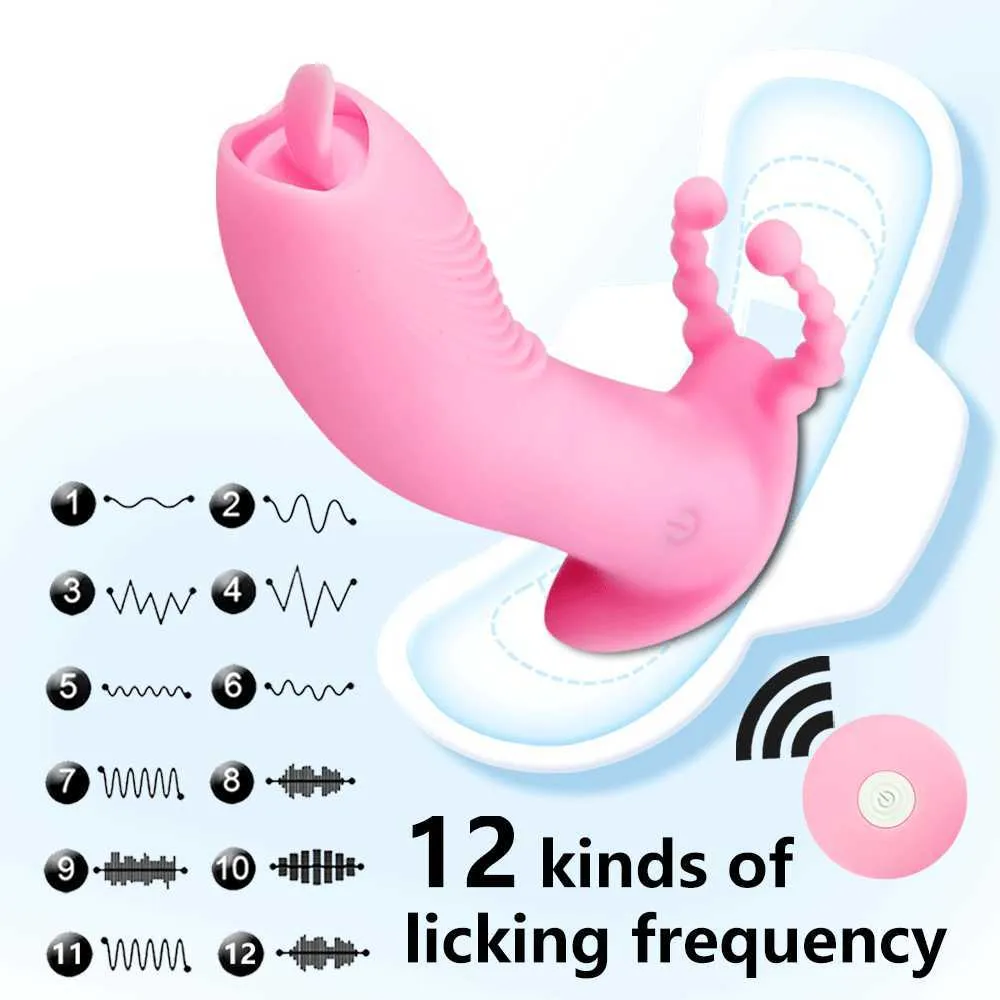 Vibrador consolador usable remoto inalámbrico para mujeres parejas juguete estimulación dual lengua lamiendo mariposa bragas vibrador Q0602234m