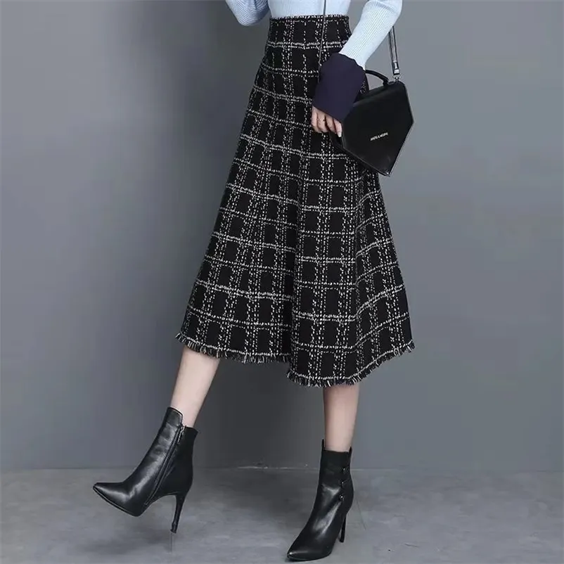 Vintage Plus Size Schwarz Plaid Tweed Rock Frauen Midi Lange Hohe Taille A-Linie Gestrickte Büro Dame Slim Business Arbeitskleidung 210421