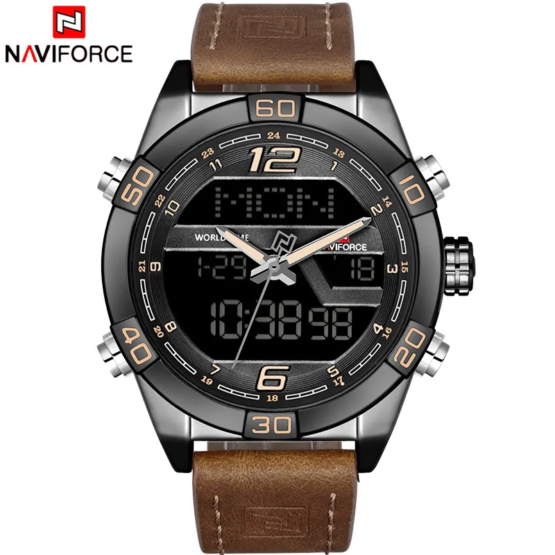 NAVIFORCE Luxusmarke Männer Armee Leder Quarzuhren Herren Casual Militär Sport Armbanduhr Männlich LED Datum Analog Digitaluhr 210517