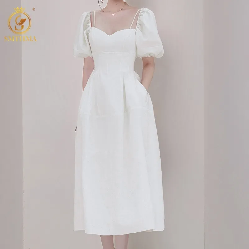 Robe d'été de mode tempérament féminin dames manches bouffantes blanc mince longs robes 210520