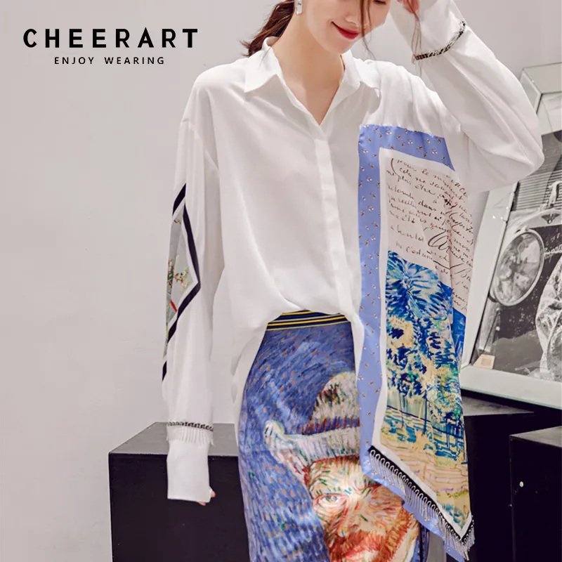 Designer Herfst Vrouwen Mode Lange Mouwen Shirt Print Patchwork Asymmetrische Top en Blouses Femme White 210427
