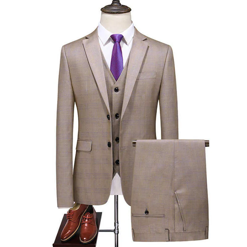 크기 6xL (자켓 + 조끼 + 바지) 새로운 패션 부티크 격자 무늬 캐주얼 비즈니스 남성 정장 신랑 웨딩 드레스 성능 Tuxedo X0608