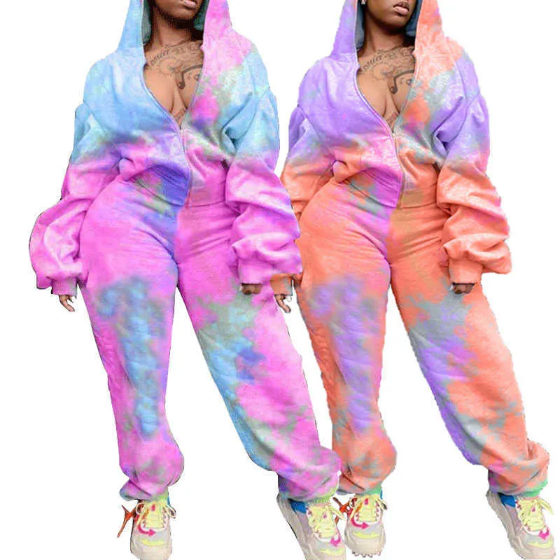 Winter Outfits Långärmad Tie Dye Hoodie Top And Pants Set Plus Size Womens 2 Piece Track Suit Joggers Partihandel Dropshipping Y0625