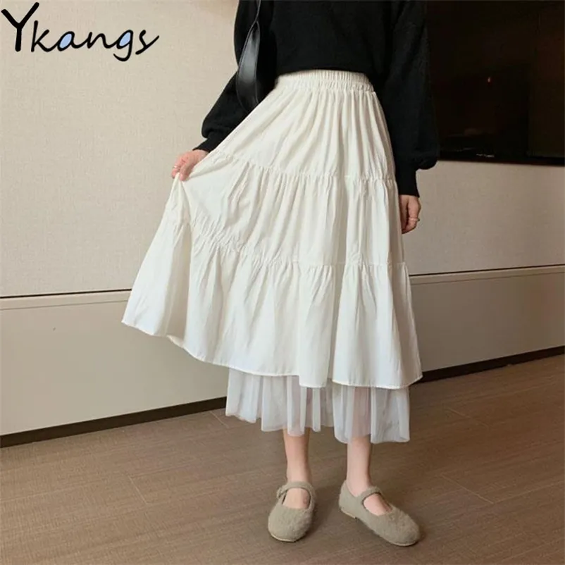 Gonne lunghe a vita alta per le donne Midi a pieghe Moda Harajuku Stile coreano Bianco Nero School Girl Maxi 210421