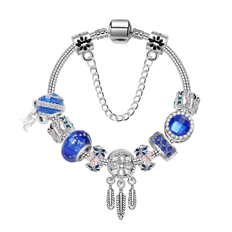 Fili di fascino Perline Bracciali Braccialetto di moda Ciondolo acchiappasogni Braccialetto in argento 925 Stella blu Accessori per gioielli fai da te Regalo di nozze