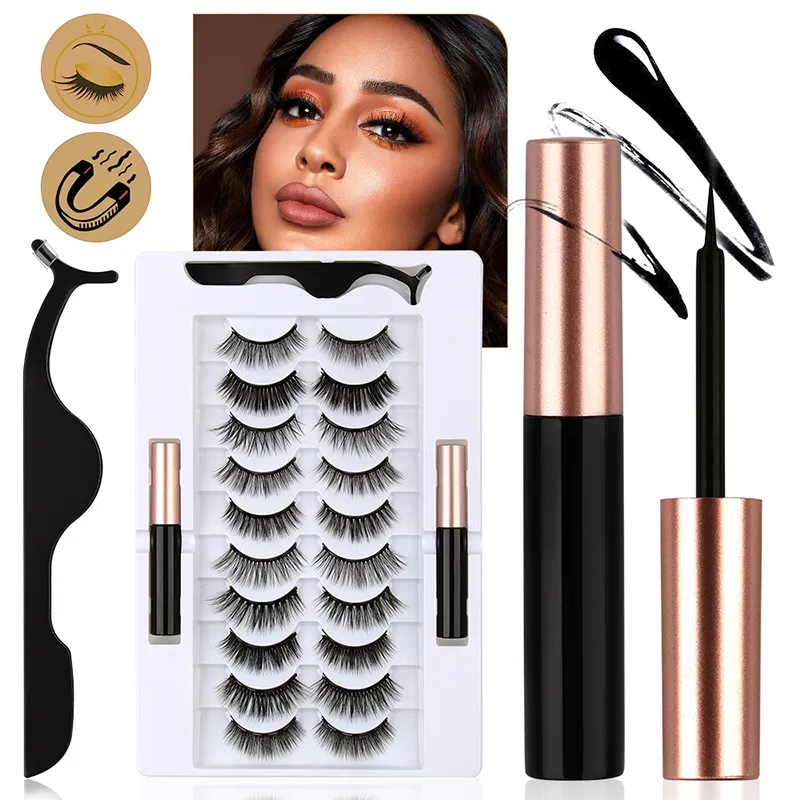 Wholesale 3D Natural Lashes 10 Pairs Magnetic Eyelashes Liquid Eyeliner Tweezer 3 in 1 Box Reusable Without Glue Makeup Eyelash