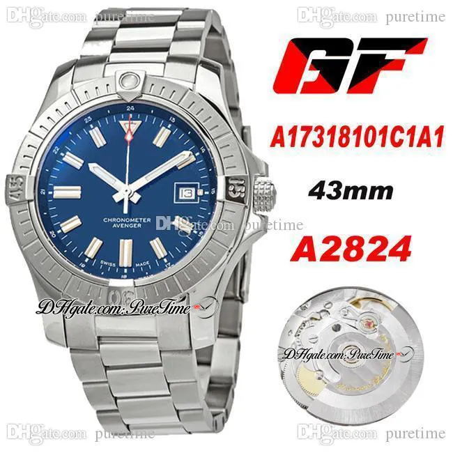 Gf A17318101C1A1 A2824 Automatisk mens Klocka 43mm Blue Dial Stick Markörer Rostfritt Stål Armband Super Edition Eta Klockor Puretime A37B2