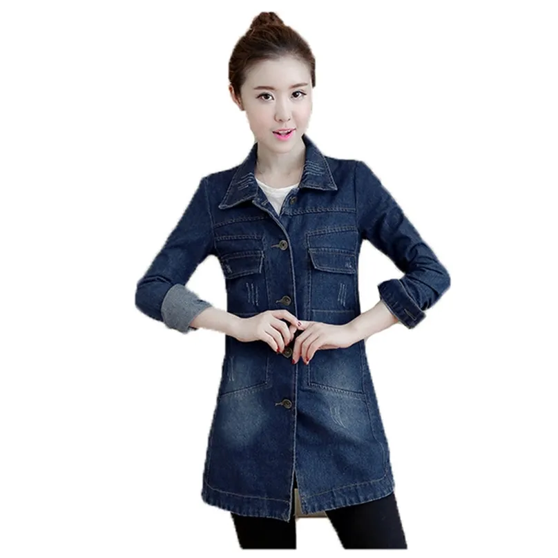 Мода Длинные ковбойские пальто Женщины осень зима свободных рукава S-5XL плюс размер светло-голубой корейский отворот верхняя куртка LR600 210531