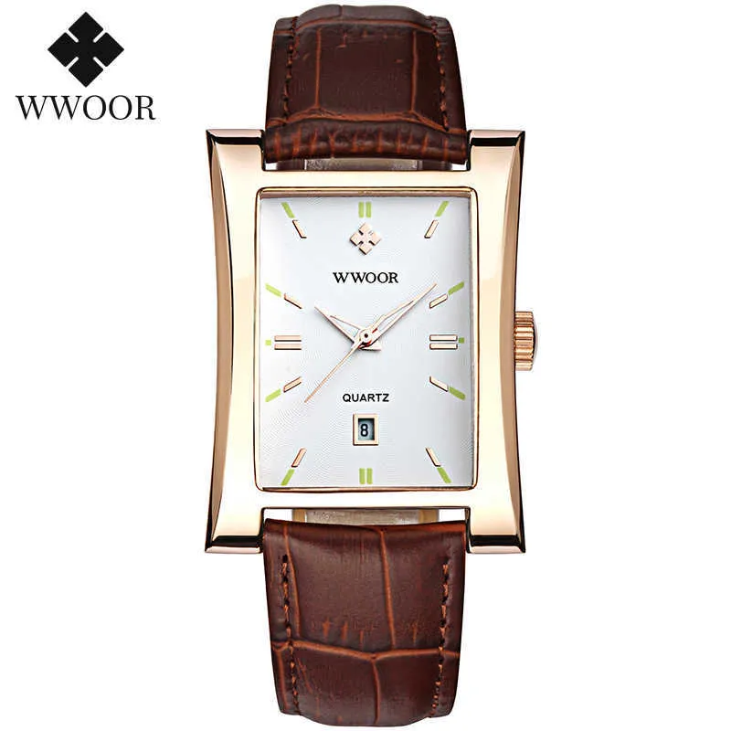 relojes hombre WWOOR Luxury Men Square Watches Mens Quartz Casual Sport Leather Wristwatch With Date Brown Watch + Box Pack 210527