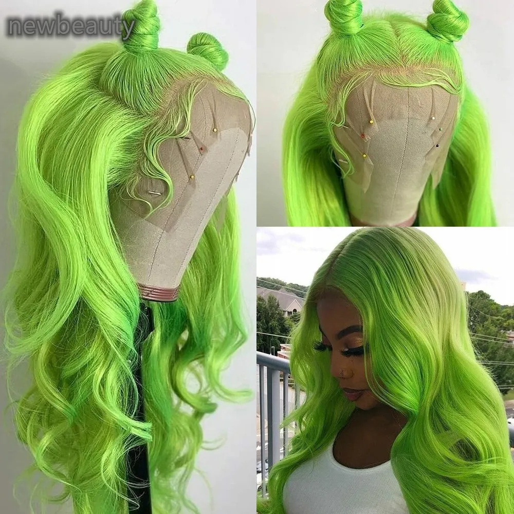 Parrucca frontale in pizzo sintetico capelli ondulati naturali parrucche ondulate lunghe di colore verde per feste di cosplay di donne nere