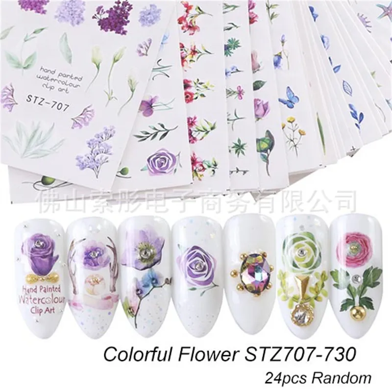 24 -stcs/set bloemen nagelstickers waterstickers overbrengen kunstnagels sticker dia's lot manicure ontwerper decoratie 3D