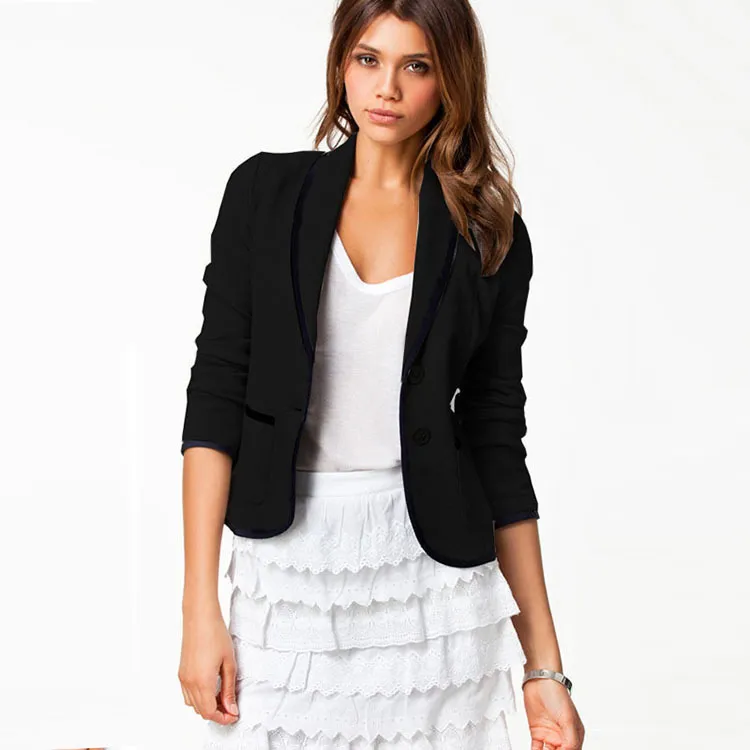 秋の短いブレザーコート女性カジュアルな襟の長袖の薄いジャケットエレガントなポケットボタンスリムなオフィスレディースアウタープラスサイズ210507