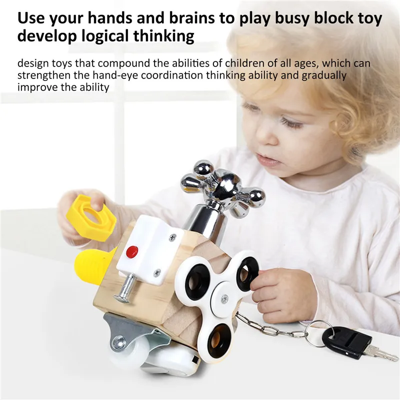 Busie Board Block Montessori Lås upp Toy Funny Cube Högkvalitativa Trä Träleksaker Upptagen Lås Förskole Logisk Utbildning