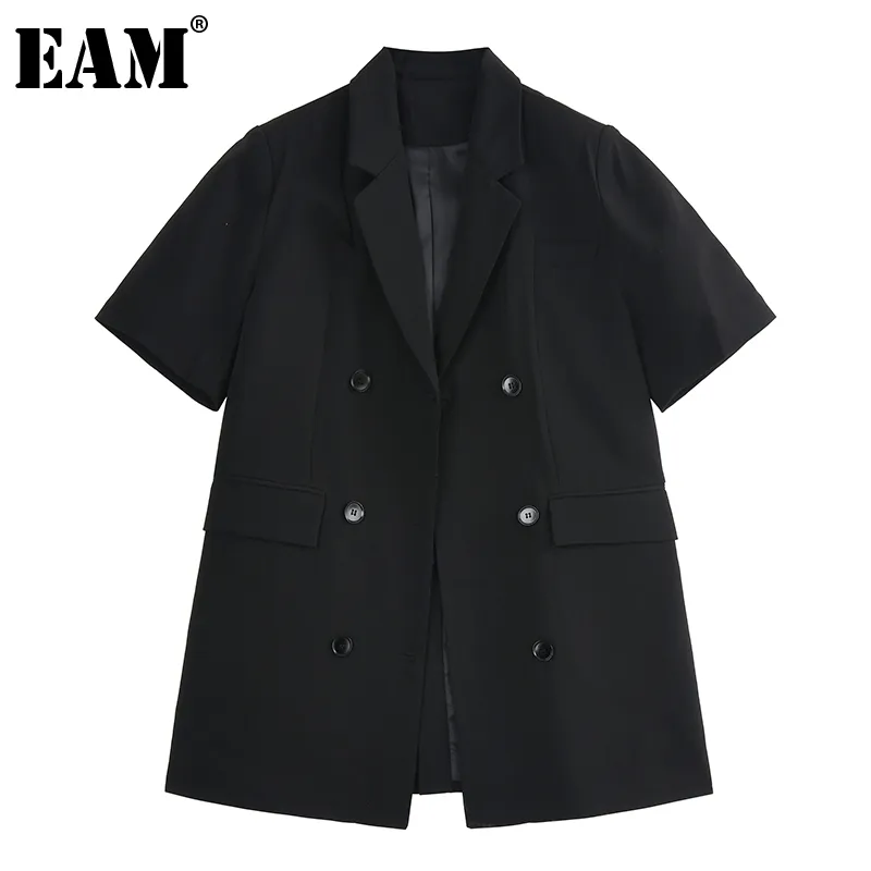 [EAM] Kadınlar Siyah Cep Büyük Boy Rahat Blazer Yaka Kısa Kollu Gevşek Fit Ceket Moda İlkbahar Yaz 1dD7872 210512