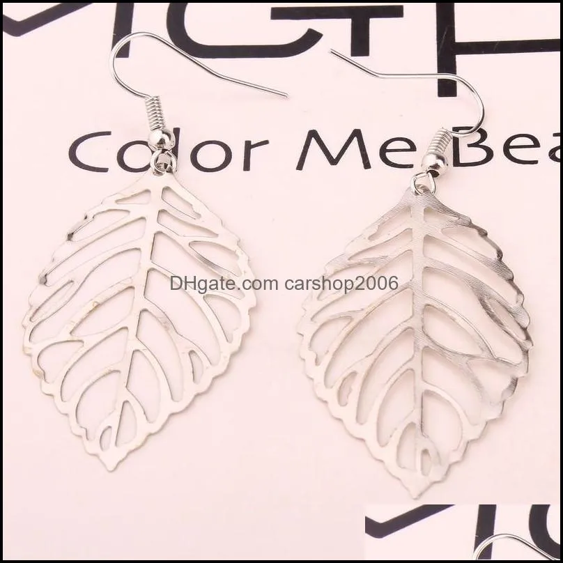 Christmas Party Forest Metal Leaves Earrings 2color Gold Silver Metal Hollowing Out Leaf Electroplate Earring 4.5*2.6cm women Jewelry