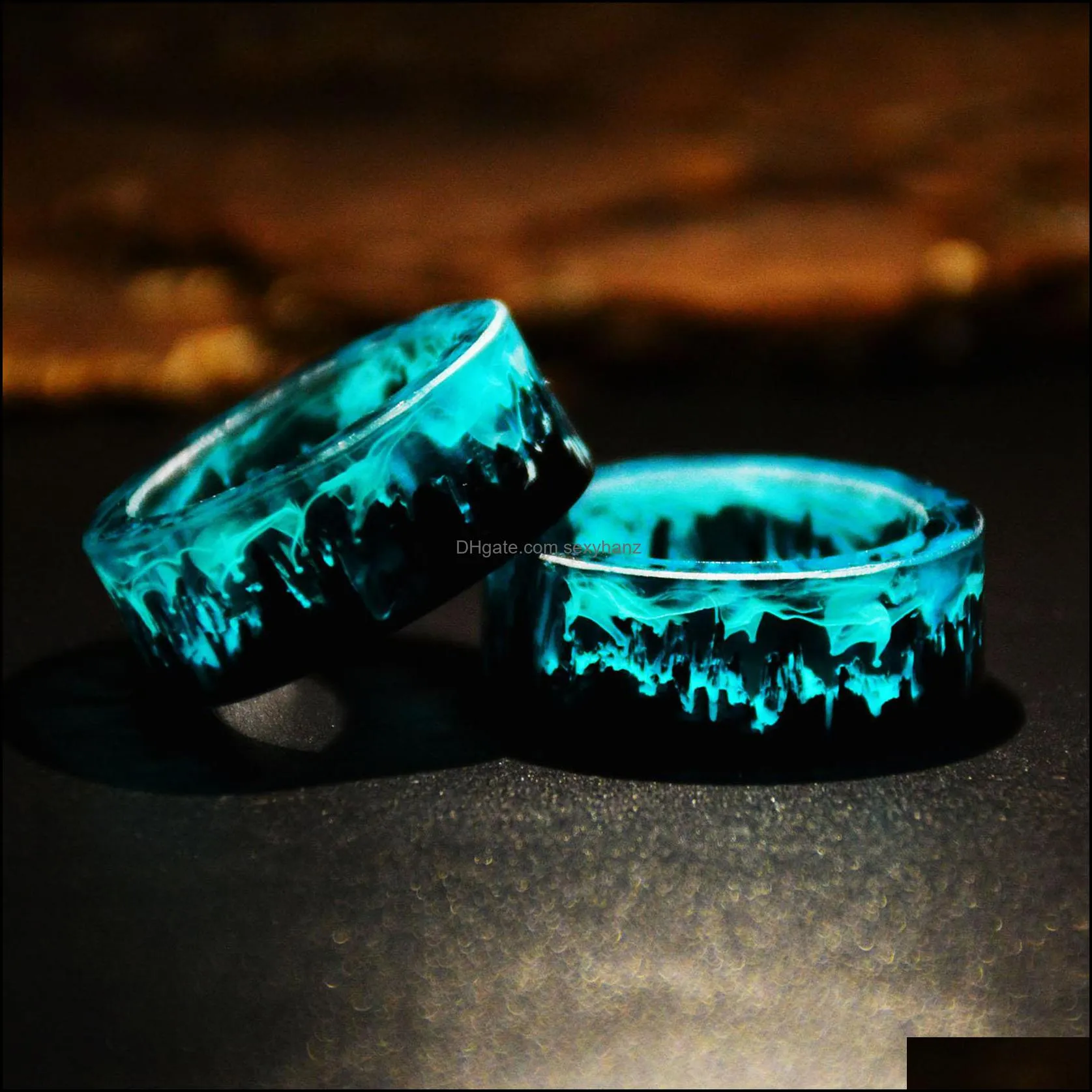 Blue Resin Rings for Women Men Wood Resin Landscape Ring Male Natural Scenery Epoxy Resin Rings Female Finger Punk Jewelry