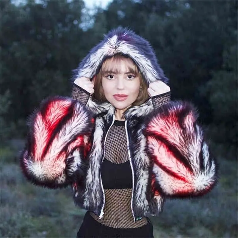 Furry Faux Fur Coat Women Winter Led Multicolor Telecontrol Costume Jacket Warm Outerwear Coat Overcoat Party Overcoat 211213