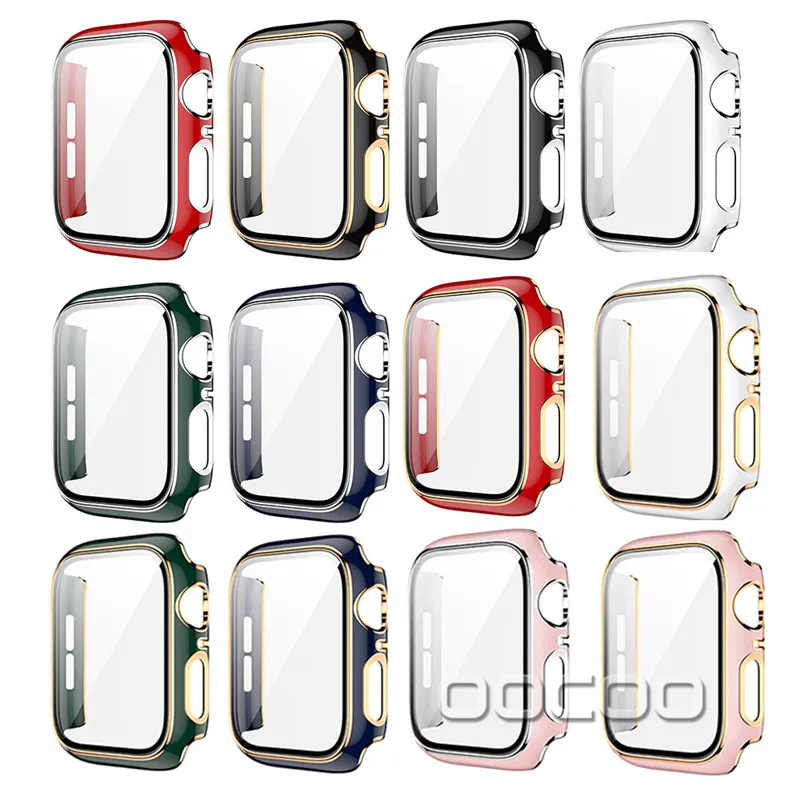 Apple Iwatch Case 6 5 4 3 2 시계 보호 케이스 범퍼 프레임 커버 강화 유리 40mm 44mm 및 소매 상자를 가진 듀얼 컬러 도금