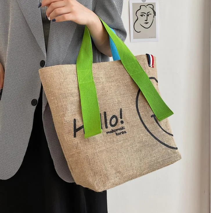 Cotton Double-Sided Printing Smiley Face Bag 2021 Japanese Literature Art Female Bags Color Matching Large-Capacity Handbag Fashion Totes