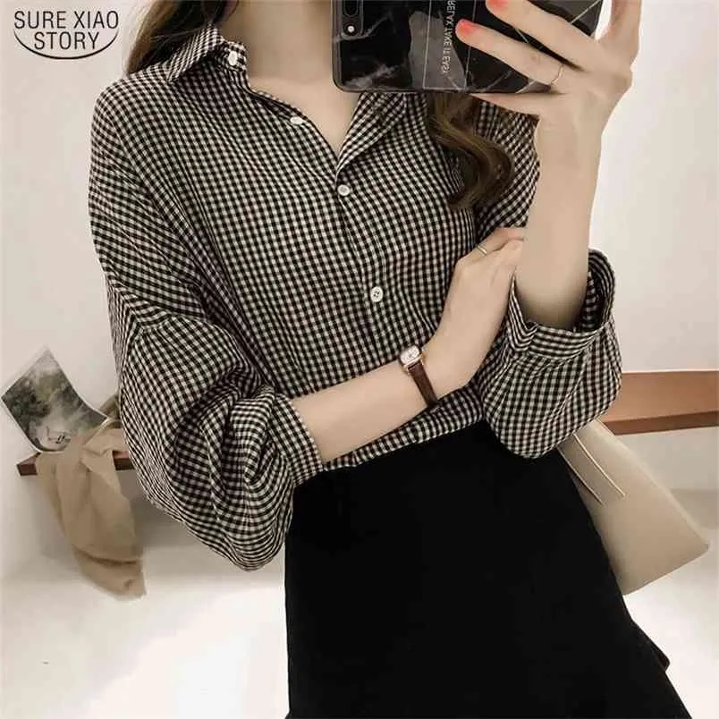 韓国のパフスリーブ女性のトップスとブラウス春の格子縞のシャツプラスサイズのオフィスの女性4xl服Blusas 8809 50 210506