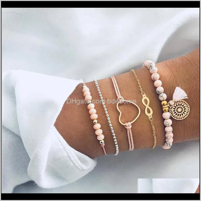 Beaded, Jewelry Drop Delivery 2021 Bracelets Set 5Pcs/Set Pink Strands Heart 8 Anchor Aessory Tassel Charm String Gold Color Plated Bead Chai