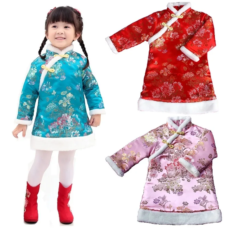 Цветочный фестиваль детские девочки платье зима стеганая теплее девочка вниз куртка чи-Pao платья детей Cheongsam qipao беседа блузки 210413