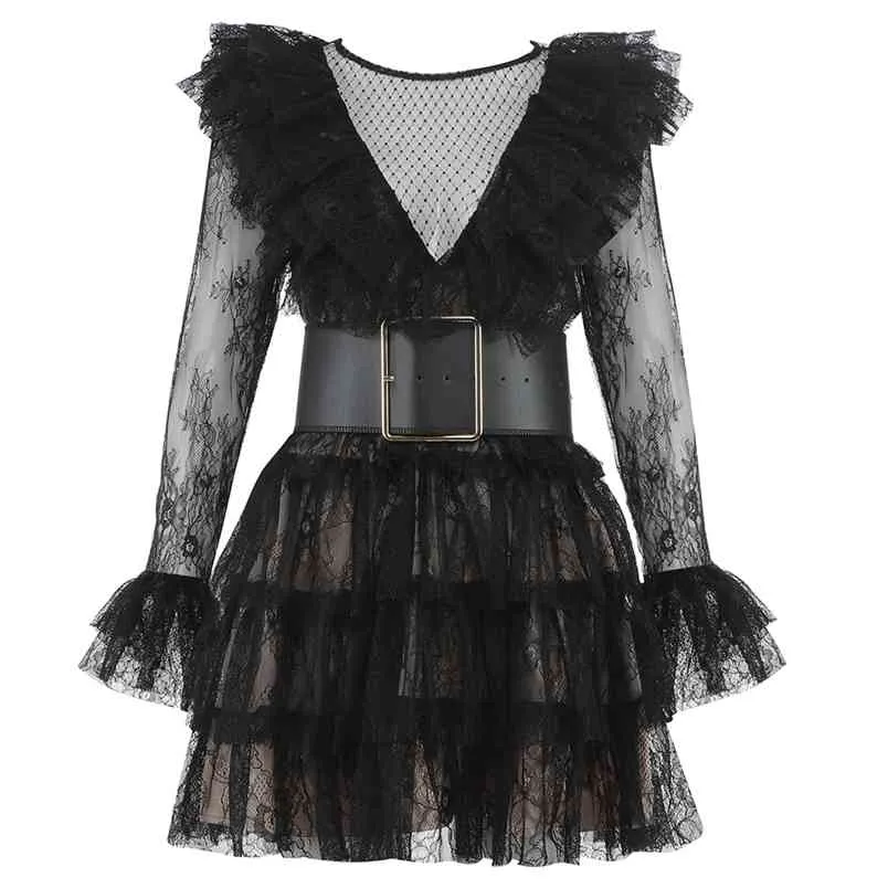 Letnia sukienka Sexy Przezroczyste Koronki Siatki Kobiety Ruffles Casual Black Vestido 210515
