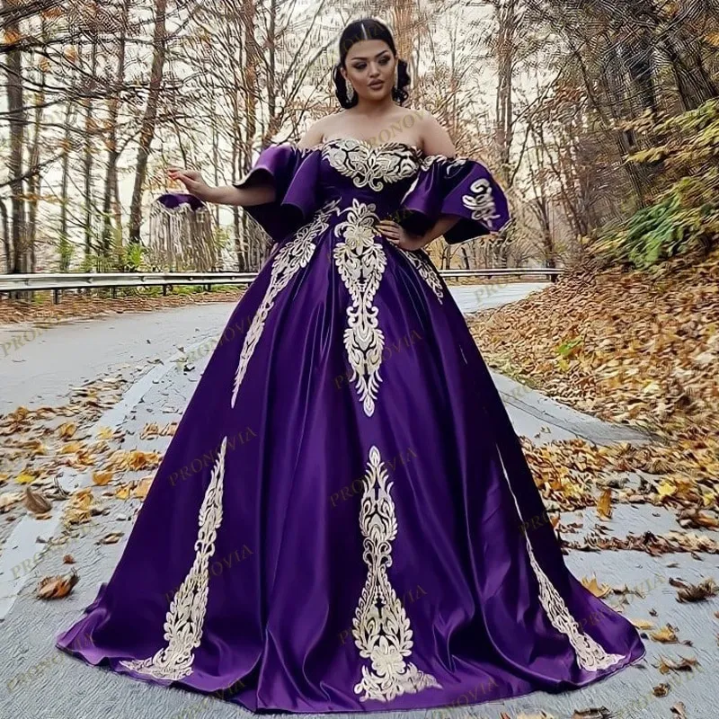 Tradycyjne Morrocan Purple Suknie Wieczorowe 2022 Kaftan Dubaj Arabskie suknie wieczorowe z aplikacją Off Ramię Prom Dress Robe de Soirée Mariage