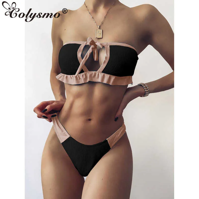 Colysmo Ribbed Knit Bathing Suit Sexy Patchwork Flouncing Strapless Push Up Bra e Panty Set Mulheres Moda Praia Party Swimwear 210527