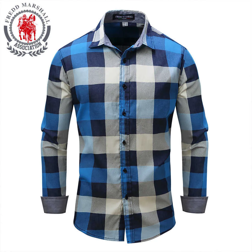 Fredd Marsha Märke Men Flannel Plaid Shirt 100% Bomull Vår Höst Casual Långärmad Skjorta Mjukt Komfort Fit Stilar FM088 210527