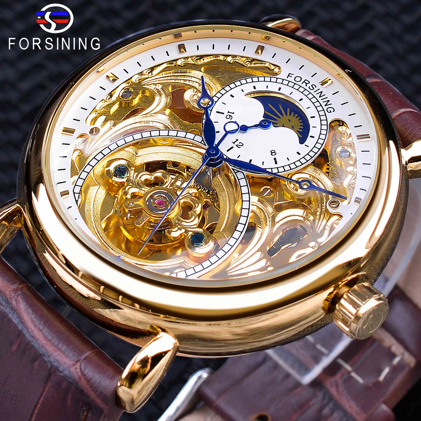 Forsining luxe wit goud horloge display bruin lederen maanfase mode blauwe hand skelet waterdichte mannen automatische mechanische horloges