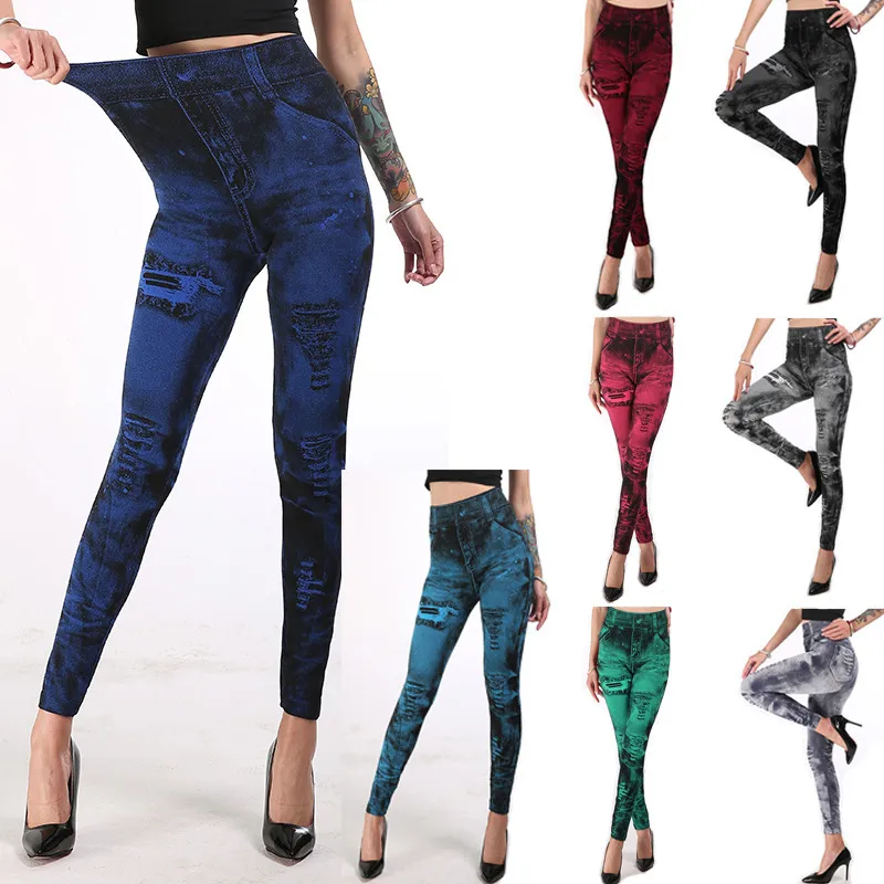 Leggings de mujer Moda Casual Sexy Fitness Faux Jean Pantalones Cintura alta Elástico Delgado Tallas grandes 3XL Leggings cortos femeninos 210422